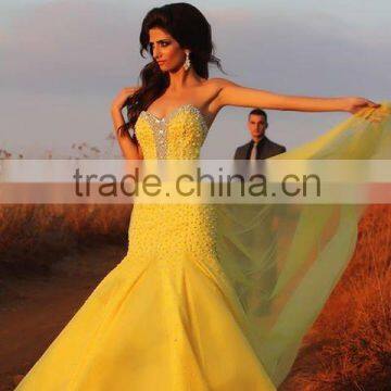 (MY2851) MARRY YOU Sweetheart Heavy Beaded Mermaid Low Cut Yellow Evening Dress 2015