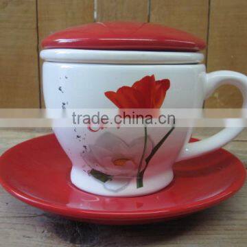 Tulip Decal Ceramic Tea Coffee Cup with Red Saucer and Lid