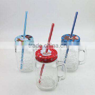 Holiday 16oz Glass Mason Jar with Lid and Straws