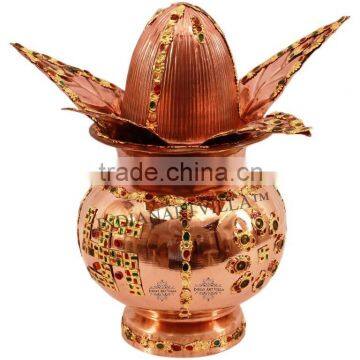 Indian Handmade Pure Copper Designer Kalash Pot For Use Pooja Home Decorate