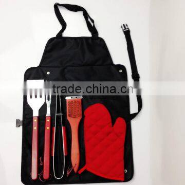 Stainless Steel 6pcs BBQ Grill tool set wooden handle apron bag W-B0954