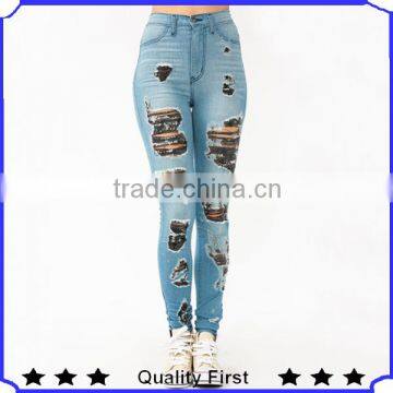 fashionable designer women skinny jeans distressed jeans holes jeans contrasting color shkA67