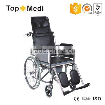 Reclining High Back Steel and Plastic Seat Commode Chair for Elderly