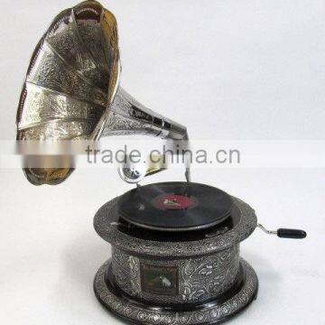 Antique Reproduction Brass Round Gramophone, Silver Etching