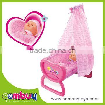 Hot sale kids play at home plastic pink baby doll bed toy