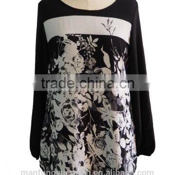 Round Collar Long Sleeve Chiffon Shirt with Front Floral Print Blouse Tunic Dress