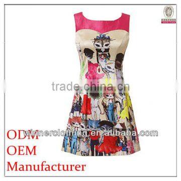 high-end fashion desig x-line cartoon printed square necked colourful girls party dresses