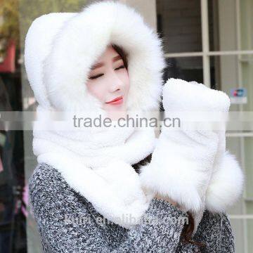 High Quality Hot Sales Type Women Hat Winter Soft With Long Scarf Mittens Ski Attached Gloves Faux Fur Hood photo-5