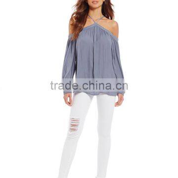 2017 Summer New Look Pullover Construction Sleeve Opening Cold Shoulder Blouse photo-6