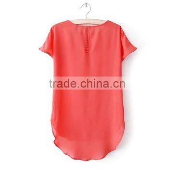 New Women Short Sleeve Short Front Long Back Plain Blouse photo-4