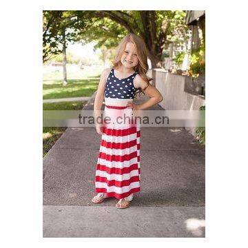 New style American National dress cotton red striped maxi dress 4th of July 10 years girls dress