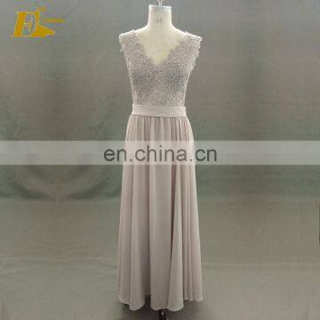 Elegant V Neck Lace Chiffon Long Gery Bridesmaid Dress Online