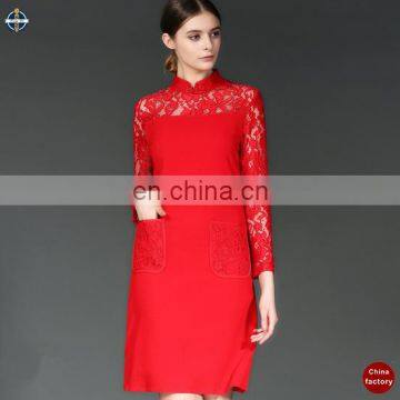 T-D002 Elegant Ladies Red Lace Long Sleeve Formal Plus Size Dress