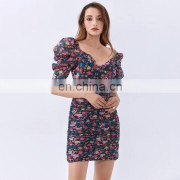 TWOTWINSTYLE Dress For Women V Neck Puff Sleeve High Waist Hit Color Elegant Printed photo-5