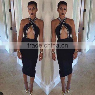 2016 New Black White Khaki Sey Deep V-neck Beading Bodycon Elegant Celebrity Party Pencil Women Knee-length Bandage Dress photo-3