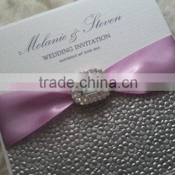 Silver Embossed Pebbles Wedding Invitations With Rhinestone Brooch