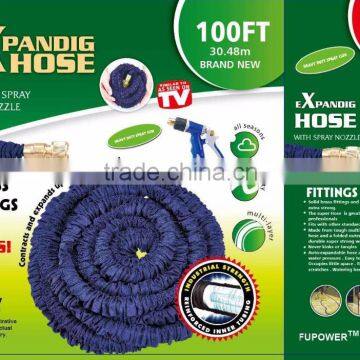 Fupower 100FT 75FT X EXPANDING MAGIC HOSE PIPE GARDEN EXPANDABLE HOSE PIPE BRASS FITTINGS Triple layer natural latex hose blue