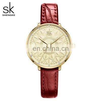 SHENGKE 2021 New Ladies Watch Embossing Dial Red Leather Band Quartz Watches K0149L Quality Watch