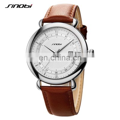 SINOBI Cow Leather Men Watch S9844G Sports Auto Date Gentlemen Wristwatch Simple Hand Watch Man Saat  Jam Tangan Pria