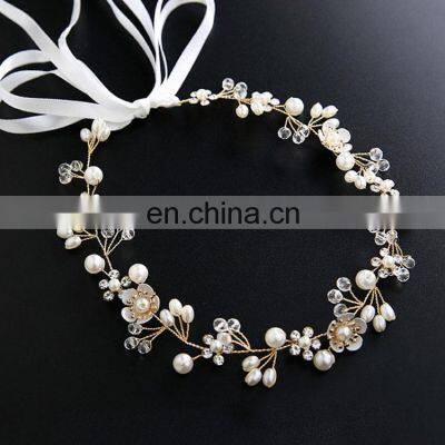 Elegant Bridal Wedding Hair Accessories Crystal Pearl Flower Girl Headband Ribbon Headpiece Hair Jewelry Accessories