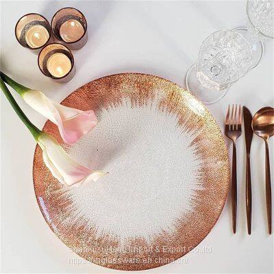 Wholesale Glittering Rose Gold Rimmed 13 Inches Glass Under Charger Plates Wedding Decoration