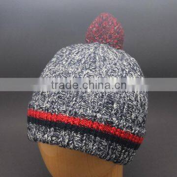 2015 NEW RED STRIP GREY MARLE CUFF BLANK BEANIE HAT POM POM