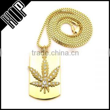 Gold Tone Maple Leaf Dog Tag Hip Hop Necklace