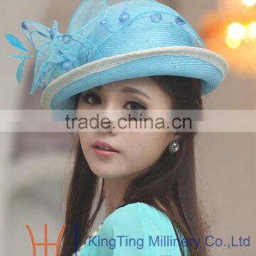 Womens Fancy Straw Hats Elegant Church Hat With Organza Flowers Trimming Onside photo-2