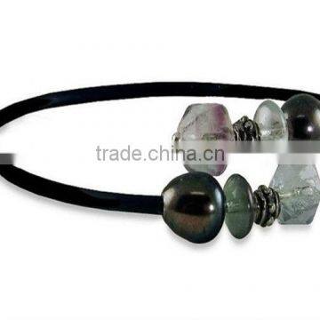 Black Cultured Freshwater Pearl and Gemstone 6" Rubber Bypass Bracelet