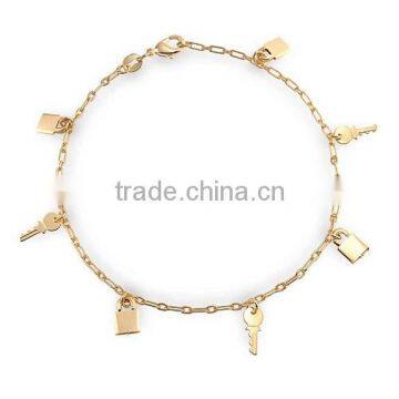 Handmade Gold Plated Figaro Chain Lock And Key Charm Bracelet Anklet