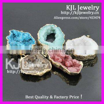 GZKJL-CT0127 Gold plated Nature Agate geode Slice mixed colors Druzy slice stone pendant