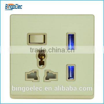 British Standard Golden Aluminum Panel 13A Switch Socket With Doubke Usb Wall Socket