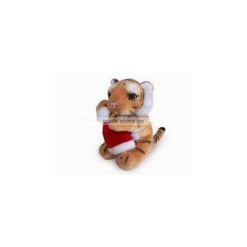 high quality factory wholesale realistic christmas plush cradle brown tiger with christmas cap