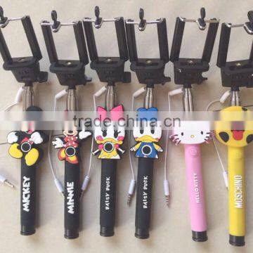 With cute cartoon design handheld extendable Cable Take Pole selfie stick/ cartoon monopod/ wire selfie stick