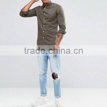 Latest Design Long Sleeve Point Collar Mens 98% Cotton 2% Elastane Soft Denim Skinny Fit Casual Grey Dress Shirts photo-4