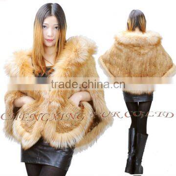 CX-B-M-99A In-stock Item Wholesale Knitted Genuine Fox Fur Trim Mink Fur Shawl Coat photo-2