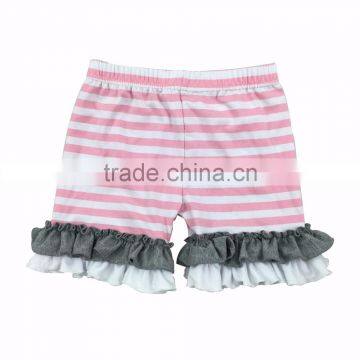 2017 wholesale children's boutique clothing pink and white stripe ruffle shorts double ruffle icing shorts