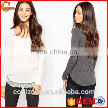 Scoop neck long sleeve cotton tee shirt,custom lace cured women t shirt