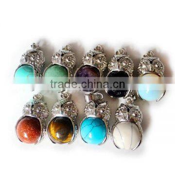 Owl Warpped Ball Gemstone Beads Healing Point Crystal Chakra Pendant