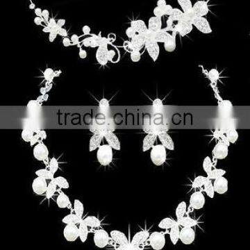 Flower Rhinestone Crystal Pearl Bridal Necklace Earrings Crown Women's Wedding Jewelry Set