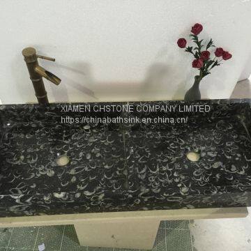 Black Sea Shell Marble Bathroom Wash Double Bowls Sink