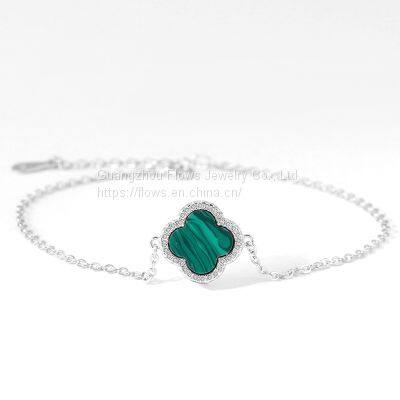 S925 Sterling Silver Four-leaf Clover Bracelet Women's Agate Zircon Bracelet Simple Style Jewelry