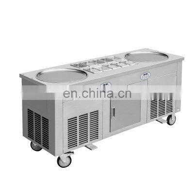 2800w Commercial Double Pans Fried Ice Cream Rolling Machine with 10 Buckets Stainless Steel Moveable roll Ice Cream Maker