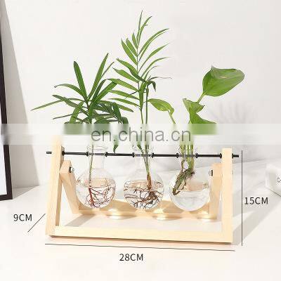 Wholesale Nordic Handmade Rectangle Shape Wood Hydroponics Flower Pot Bulb Glass VaseTerrariums For Air Planter photo-4