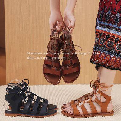 New Roman Open Toe Casual Comfortable Non-slip Flat Cross Strap Ankle Lace Up Beach Shoes Sandals for Women