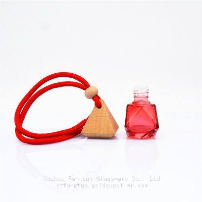 Diamond Shaped Red Glass Perfume Bottle With Wooden Lid and Tying Rope Glass Perfume Bottle Car Perfume Empty Bottle photo-2