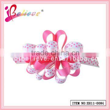 Fashion the best quality colourful fabric polka dot koker kinky ribbon bow hair barrett (XH11-0084)