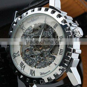 Man Men's White Dial Leather Luxury Stainless Steel Skeleton Hand-Wind Up Mechanical Watch WM220