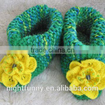 Green multi-color knit slippers,crochet beaded yellow flower,Alaskan lilies,gift for mom and baby,customized size knitted shoes