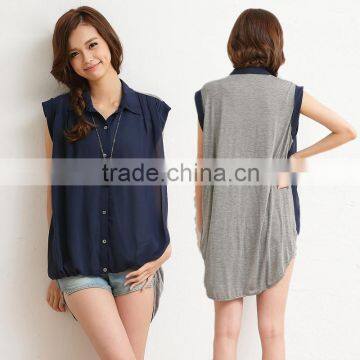 Women Solid Patchwork Chiffon&Cotton Blouse Sleeveless Shirt OEM ODM Type Clothing Factory Manufacturer From Guangzhou